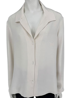 Peter Cohen Beige Silk Button-Front Blouse with Soft Notched Collar – Size L