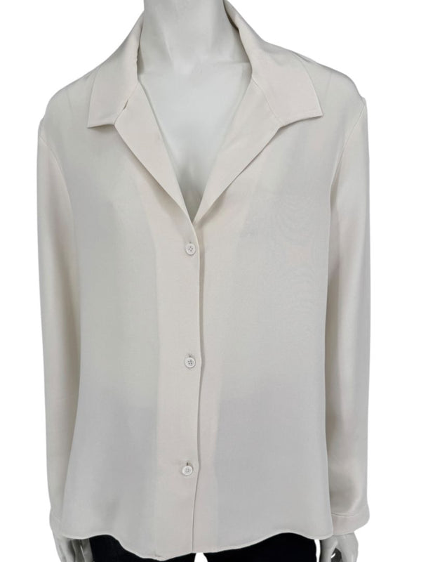 Peter Cohen Beige Silk Button-Front Blouse with Soft Notched Collar – Size L