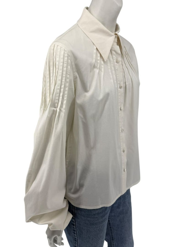 Paco Rabanne Ivory Cotton-Silk Pleated Balloon-Sleeve Blouse – Size 42