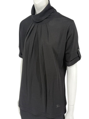 Burberry London Black Wool Short-Sleeve Pleated Funnel-Neck Top – Size L