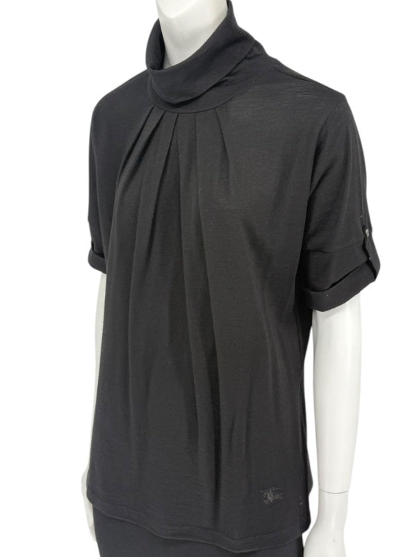 Burberry London Black Wool Short-Sleeve Pleated Funnel-Neck Top – Size L