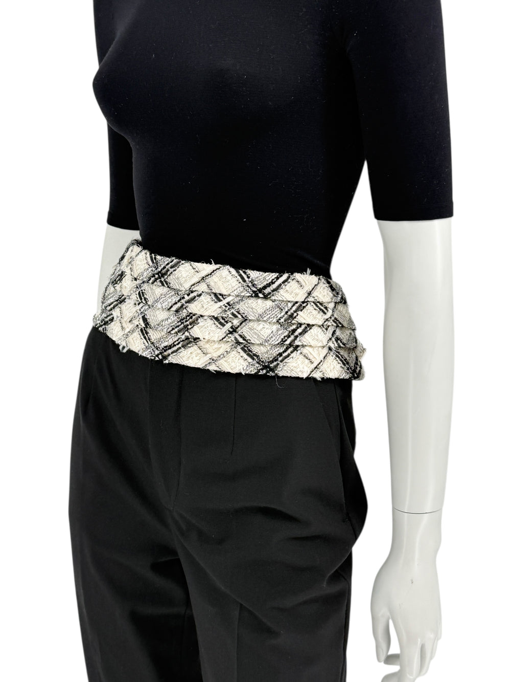 Chanel Black & White Tweed Waist Belt with Silver CC Buttons – 36" x 5"