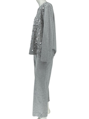 Joan Vass Gray Sequin-Embellished Knit Top & Pant Set – Size XL
