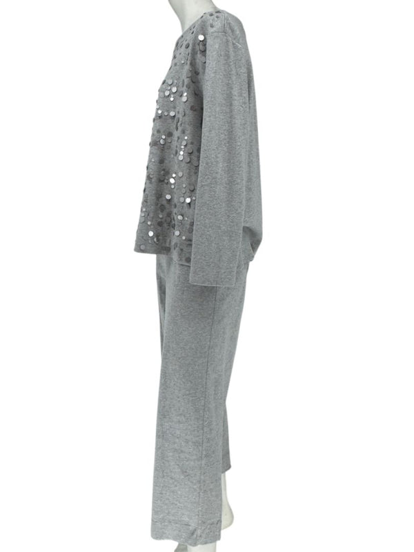 Joan Vass Gray Sequin-Embellished Knit Top & Pant Set – Size XL