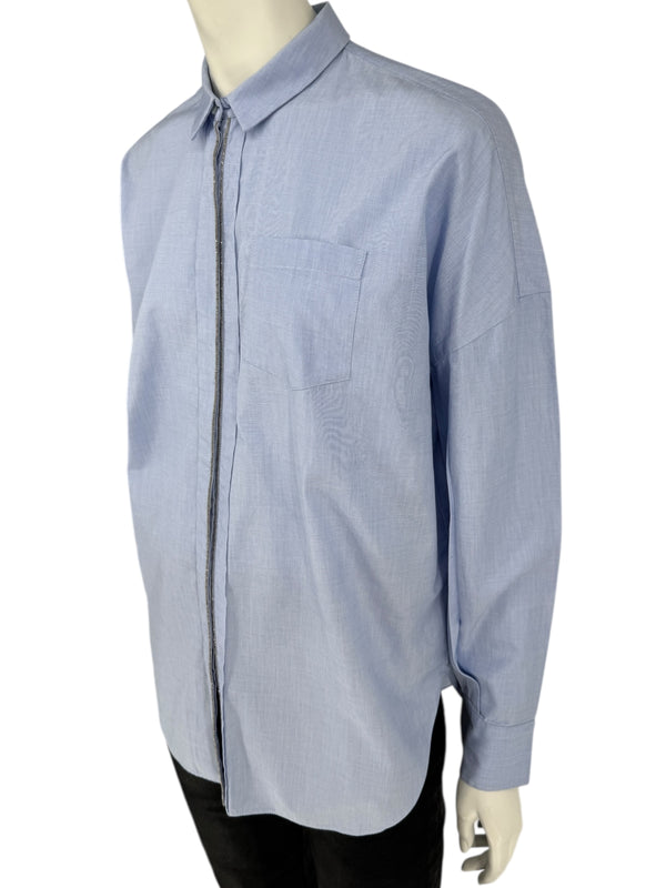 Brunello Cucinelli Light Blue Cotton Button-Front Shirt with Monili Trim – Size XL