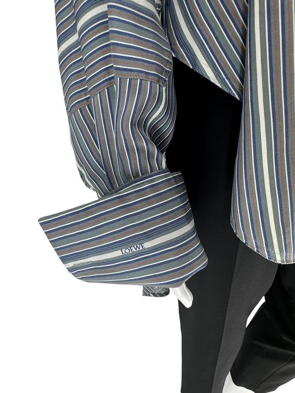 Loewe Blue/Grey/White  Silk Stripe Asymmetrical Shirt -  38