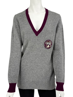 Chanel 2007A Grey and Purple Cashmere Beaded Crest Detail V Neck Sweater - Size 44