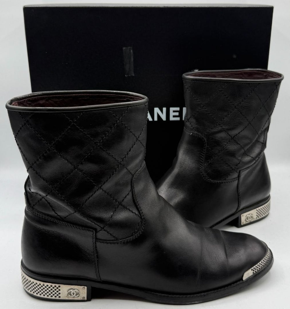 Chanel Quilted Leather Ankle Boots with Silver-Tone Hardware – Size 41