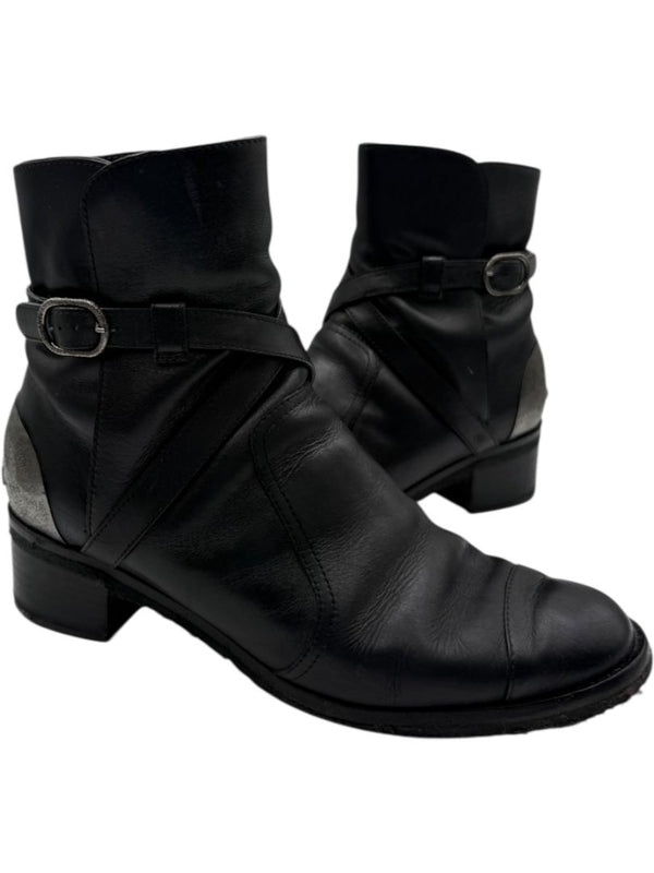Chanel Black Leather Ankle Boots with Distressed Logo Heel – Size 40 (US 10)