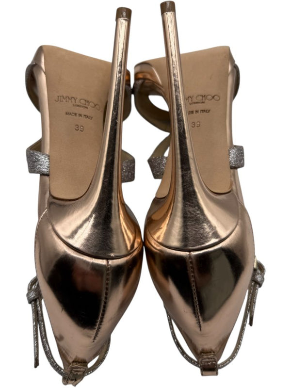 Jimmy Choo Metallic Rose Gold & Glitter Strappy Platform Sandals – Size 39