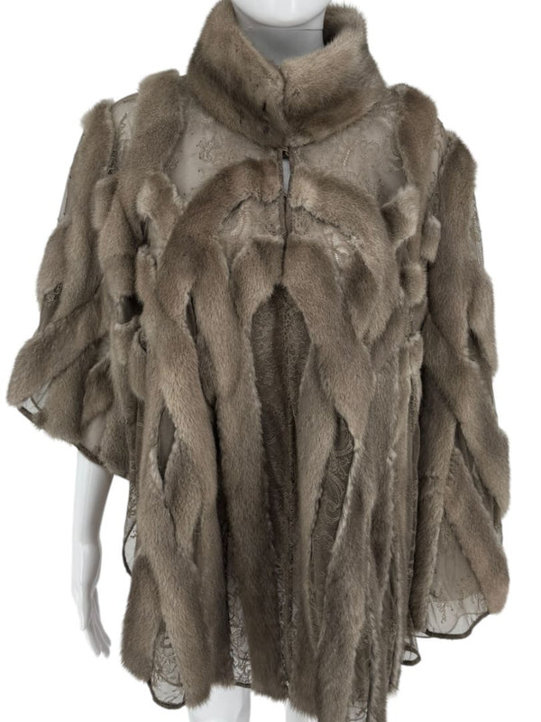 Pamella Roland Taupe Mink Fur & Lace Cape – Sample Size (M/L)