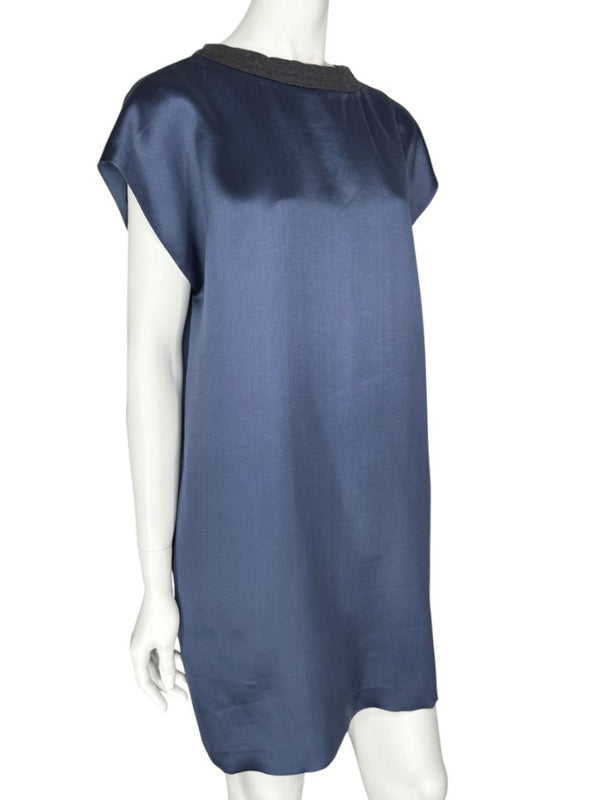 Brunello Cucinelli Navy Silk Shift Dress with Contrast Trim – Size XL- NEW
