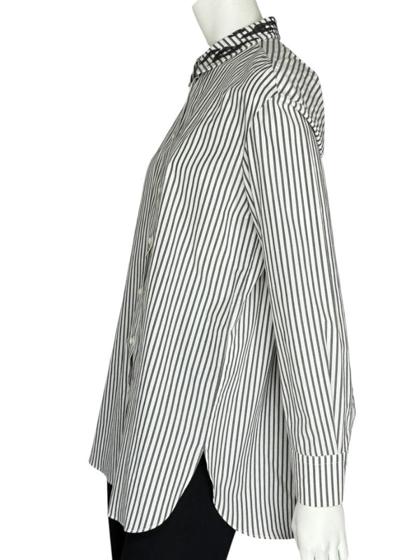 Brunello Cucinelli Gray & White Vertical Stripe Embroidered Collar Shirt – Size XL