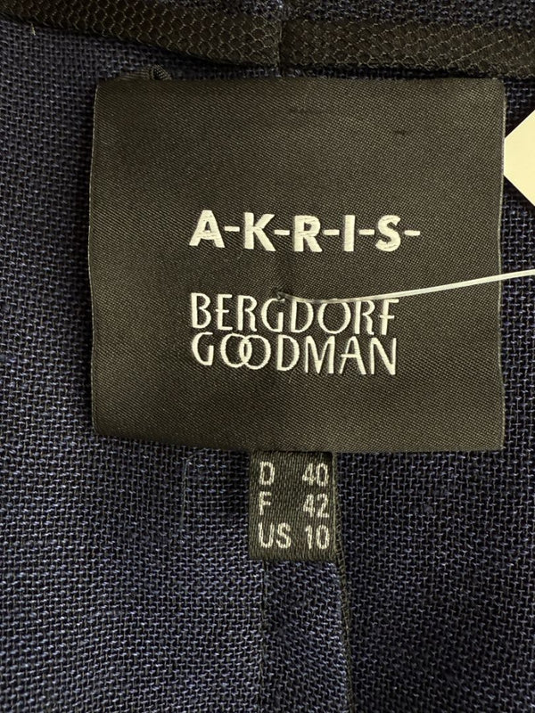 Akris Bergdorf Goodman Linen-Blend Cropped Open Jacket – Black & Navy – Size US 10