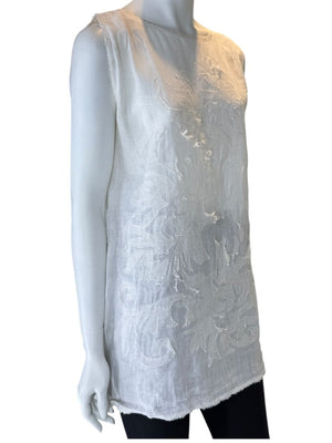 Fendi White Linen Sleeveless Tunic with Textured Floral Appliqué – Size L