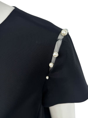 Pamella Roland Black Pearl-Trim Sleeve Handkerchief Hem Dress – Large