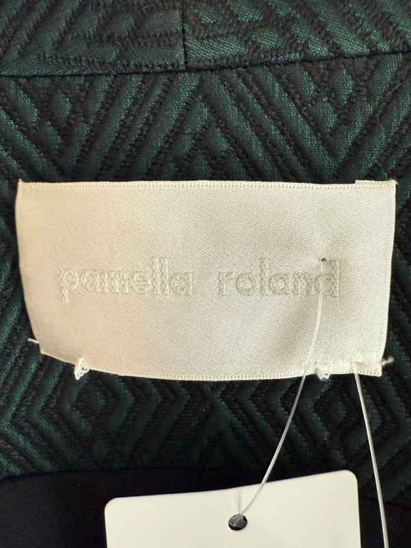 Pamella Roland Emerald Green Jacquard Coat with Fur-Trimmed Sleeves – Large