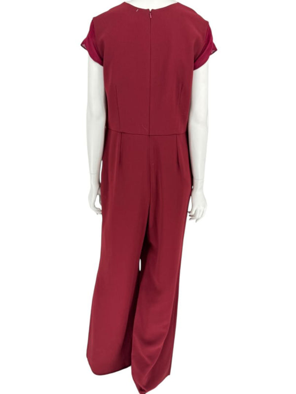 Pamella Roland Burgundy Cap-Sleeve Jumpsuit with Sheer Sash – Large