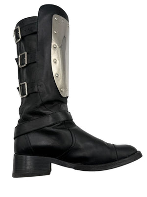 Chanel Black Leather Moto Boots with Silver Armor Plate – Size 40.5