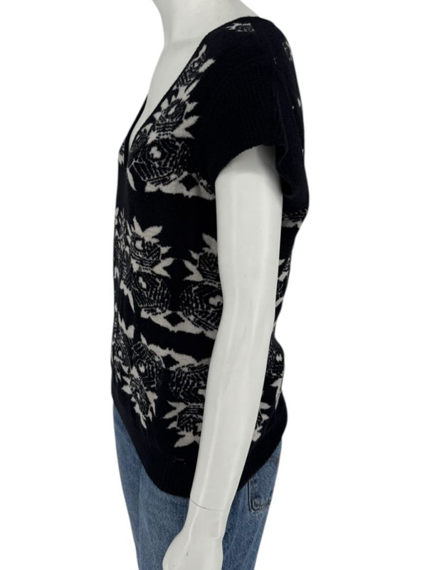 Chanel Black & Ivory Wool-Blend Deep V-Neck Sweater – Size FR 44