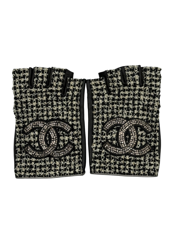 Chanel Black Tweed & Lambskin Fingerless Gloves – Size 7½