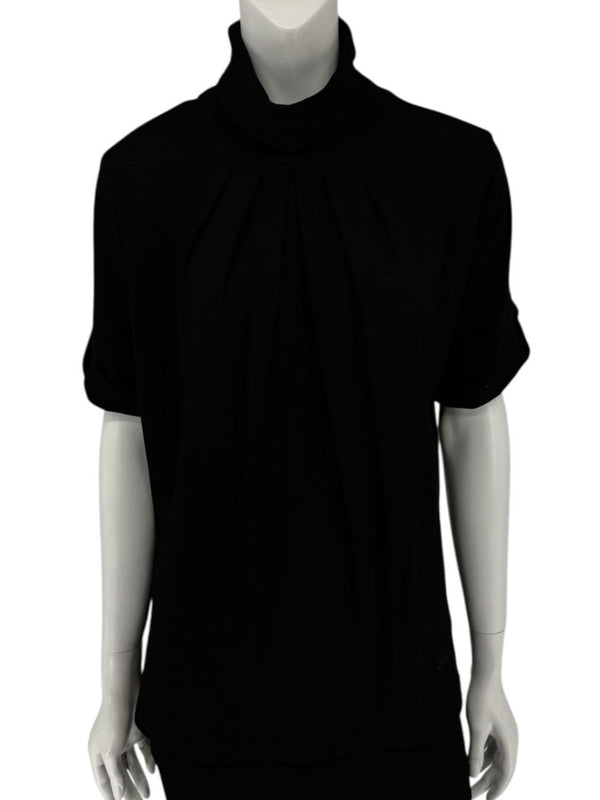 Burberry London Black Wool Short-Sleeve Pleated Funnel-Neck Top – Size L