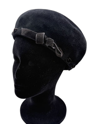 Tracy Watts Black Wool Beret with Velvet Ribbon Trim