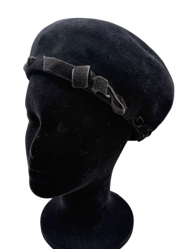 Tracy Watts Black Wool Beret with Velvet Ribbon Trim