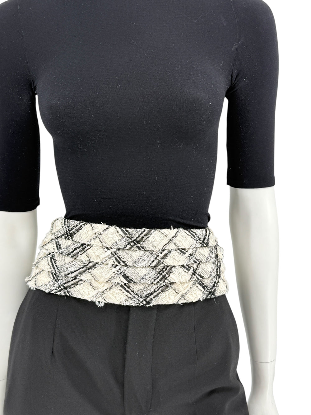 Chanel Black & White Tweed Waist Belt with Silver CC Buttons – 36" x 5"