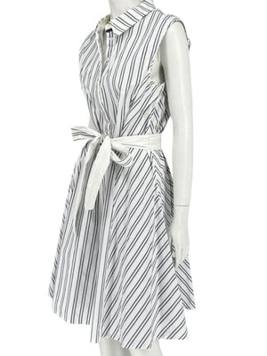 Lafayette 148 New York White & Navy Striped Sleeveless Shirtdress with Self-Tie Belt – Size XXL