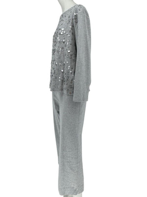 Joan Vass Gray Sequin-Embellished Knit Top & Pant Set – Size XL
