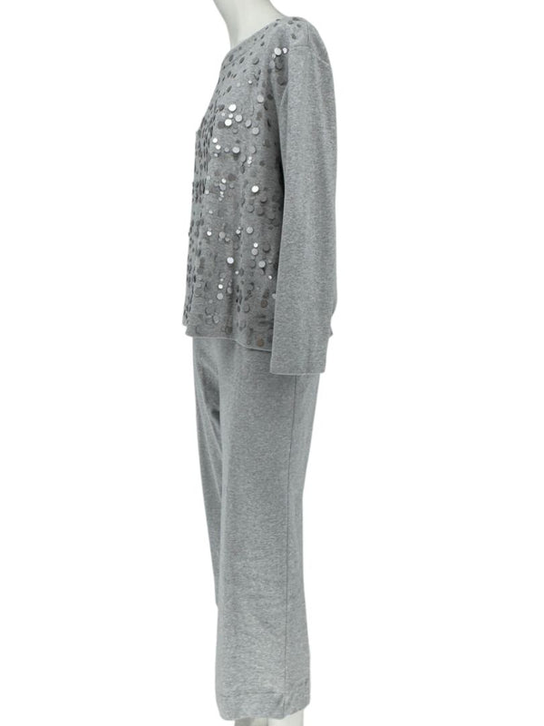 Joan Vass Gray Sequin-Embellished Knit Top & Pant Set – Size XL
