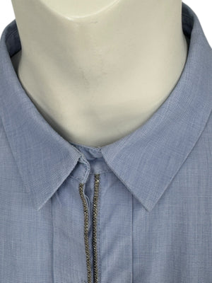 Brunello Cucinelli Light Blue Cotton Button-Front Shirt with Monili Trim – Size XL