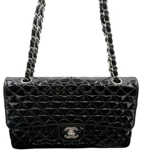 Chanel Black Quilted Patent Leather "Secret Label" Medium Flap Bag