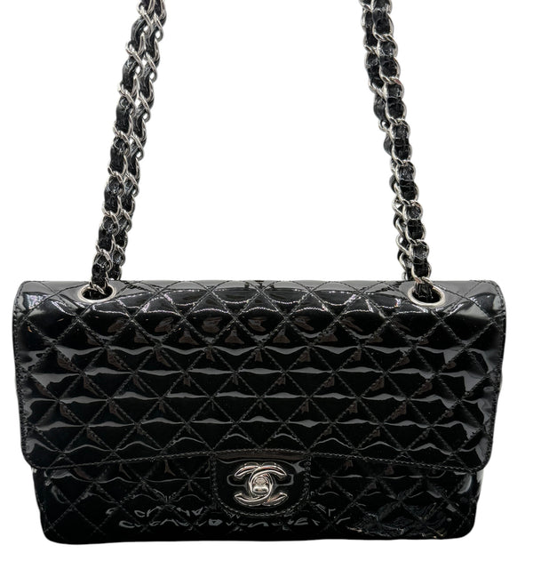 Chanel Black Quilted Patent Leather "Secret Label" Medium Flap Bag