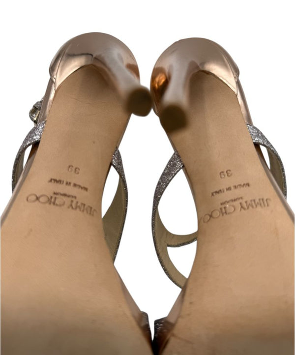 Jimmy Choo Metallic Rose Gold & Glitter Strappy Platform Sandals – Size 39