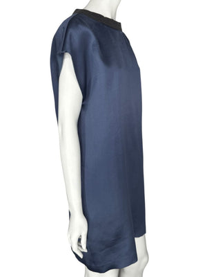 Brunello Cucinelli Navy Silk Shift Dress with Contrast Trim – Size XL- NEW