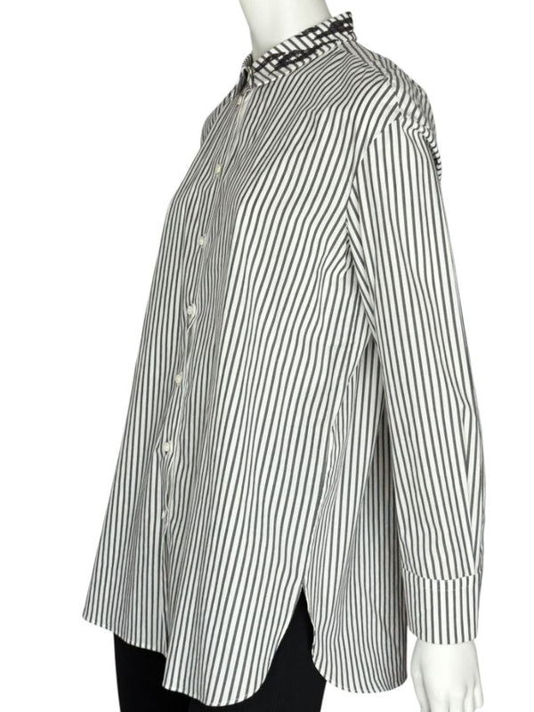 Brunello Cucinelli Gray & White Vertical Stripe Embroidered Collar Shirt – Size XL