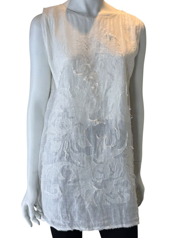 Fendi White Linen Sleeveless Tunic with Textured Floral Appliqué – Size L
