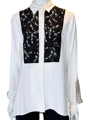 Agnona White Silk Viscose Lace Inset Shirt Blouse Black Beige Panel Italy Size 42