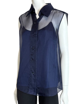 Pamella Roland Navy Organza Sleeveless Blouse with Jewel Buttons - Large