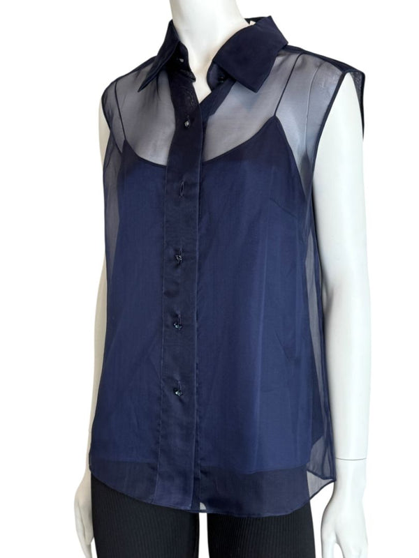 Pamella Roland Navy Organza Sleeveless Blouse with Jewel Buttons - Large