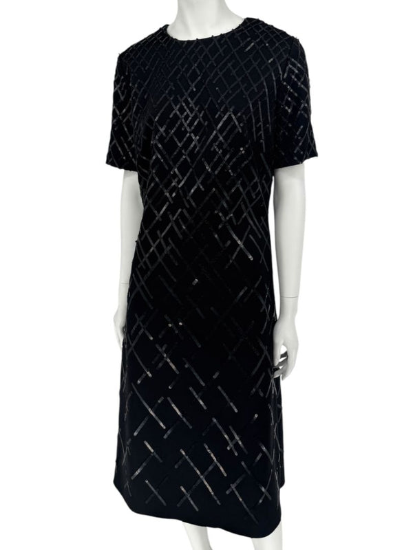 Pamella Roland Black Sequin Grid Shift Dress – Large