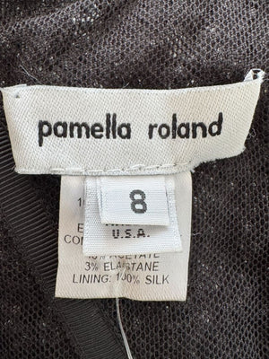 Pamella Roland Black Strapless Gown Silver Pearl Crystal Beaded Bodice Size 8 Evening Dress