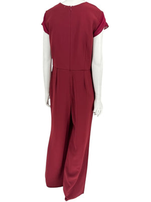 Pamella Roland Burgundy Cap-Sleeve Jumpsuit with Sheer Sash – Large