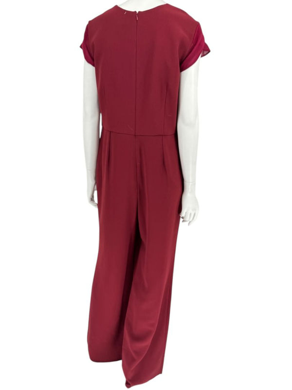 Pamella Roland Burgundy Cap-Sleeve Jumpsuit with Sheer Sash – Large
