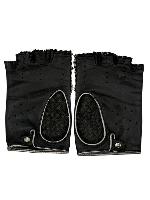 Chanel Black Tweed & Lambskin Fingerless Gloves – Size 7½