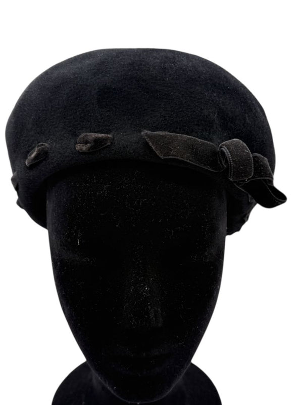 Tracy Watts Black Wool Beret with Velvet Ribbon Trim