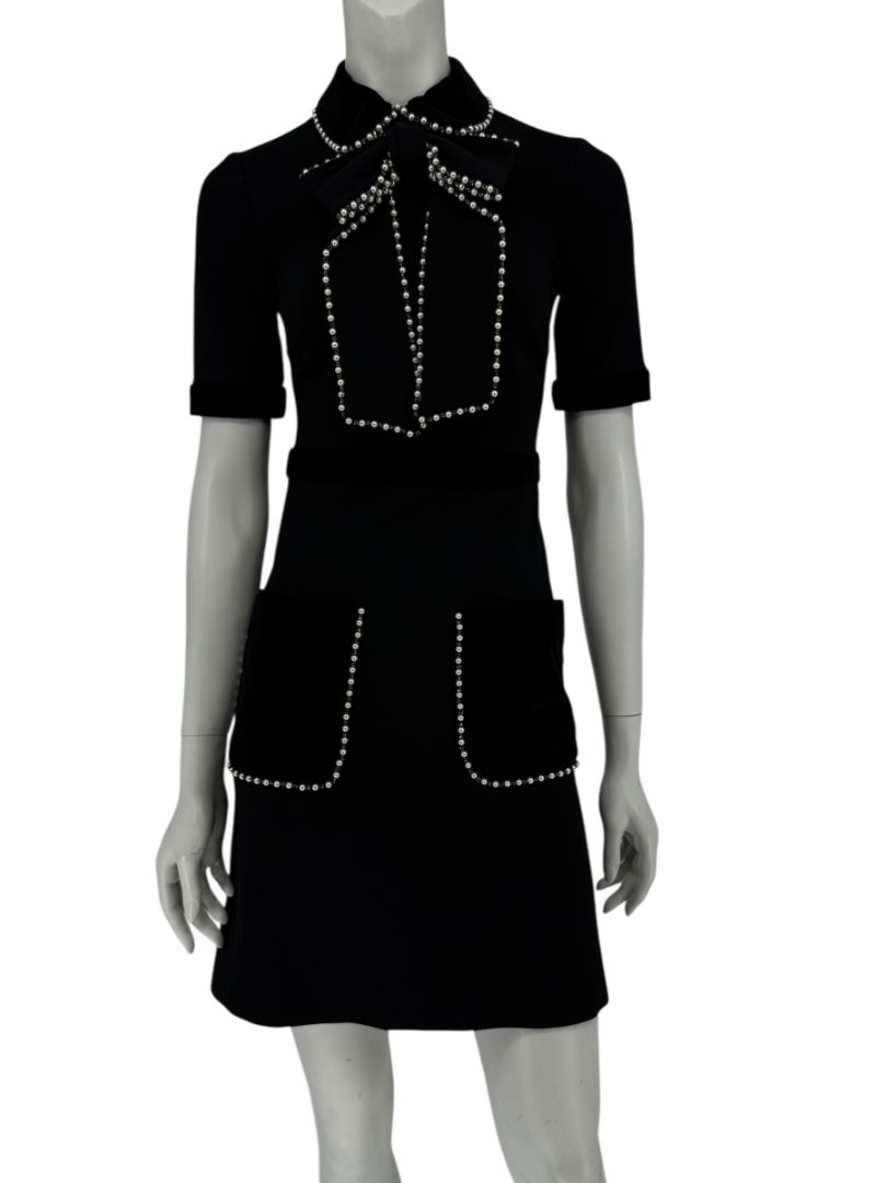 Gucci Black Pearl-Embellished Velvet-Trim Dress – Size 2 (XS)