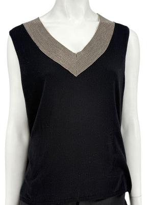 Akris Black Silk-Blend Knit Tank with Contrast V-Neck Trim – Size US 18